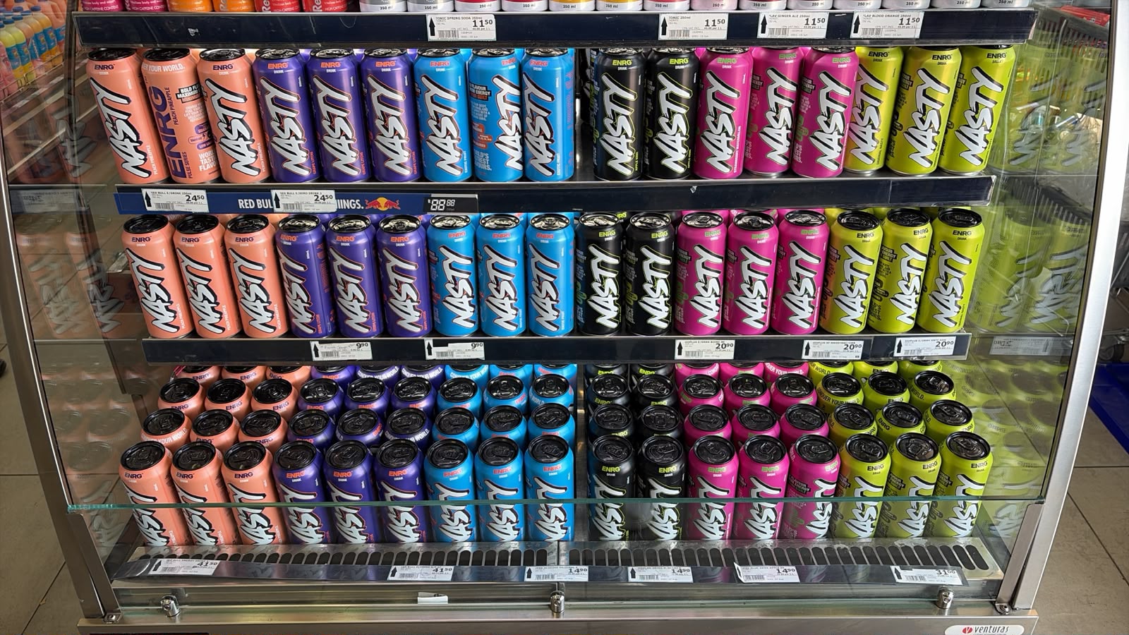 Fridge stocked with NASTY ENRG Pulse Series cans